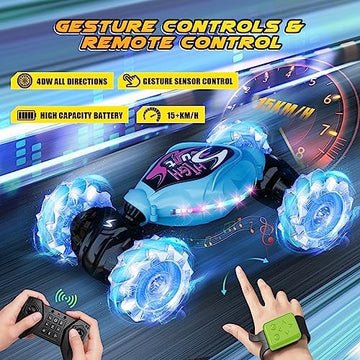 UNO1RC Remote Control Car,2.4GHz LED Gesture Sensing RC Stunt Car,4WD Double Sided Rotation RC Car with Lights and Music,All Terrain Rotation Drift Car Birthday Gifts for Boys Girls (Blue)