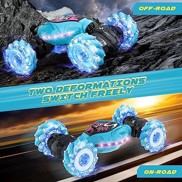 UNO1RC Remote Control Car,2.4GHz LED Gesture Sensing RC Stunt Car,4WD Double Sided Rotation RC Car with Lights and Music,All Terrain Rotation Drift Car Birthday Gifts for Boys Girls (Blue)