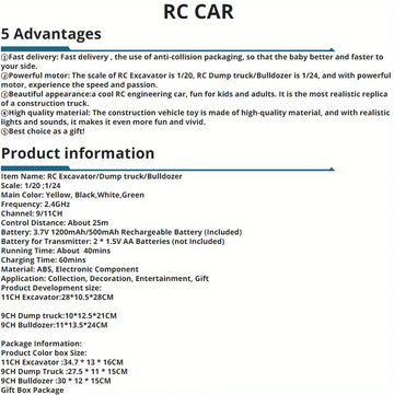 1:20 RC Excavator 2.4G Remote Control Engineering Vehicle Crawler Bulldozer Dump Truck Dumper Electric Car Toys For Boys Children Gifts For Kids