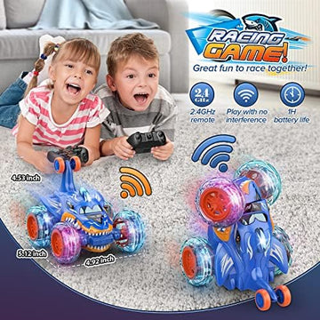 UNO1RC GO! RC Car Toys for Boys 3+: Shark Remote Control Stunt Cars for 4 5 6 7 8 Year Old Boy Gift 360° Rolling Twister with Lights Outdoor Toy Birthday Gifts for Kids Age 4-8 Toddler Monster Truck