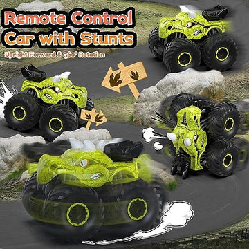 UNO1RC Remote Control Car, 2.4GHz Monster Trucks for Boys Girls with Light, Sound & Spray, Dinosaur Toys Gift for Kids 3 4 5 6 7 8, All Terrain RC Cars for Toddlers with 2 Batteries