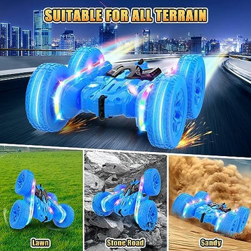 UNO1RC Remote Control Car,RC Cars with Sides Light Strip and Headlights,Double Sided 360 Flips Rotating RC Stunt Car,2.4Ghz All Terrain Toys for Ages 4-6 Kids Toy for Boys Girls Birthday Gift(Blue)