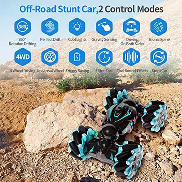 UNO1RC RC Stunt Car, 2.4GHz 4WD Remote Control Gesture Sensor Toy Cars, Double Sided Rotating Off Road Vehicle 360° Flips with Lights Music, for Boys & Girls Birthday