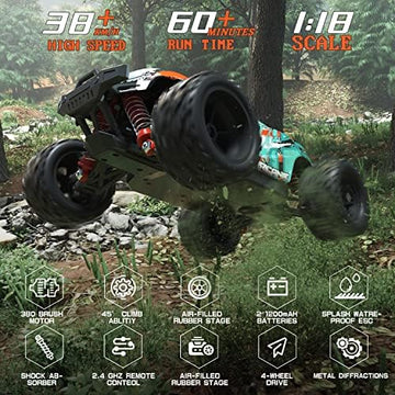 UNO1RC Monster Remote Control Car 1:18 Scale 38+KM/H High Speed 4WD Off Road RC Cars Gift for Boys & Adults, 2.4GHz All Terrain RC Trucks Kids Toys with 2 Rechargeable Batteries.