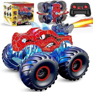 UNO1RC Remote Control Dinosaur Car, 2.4GHz RC Monster Trucks for Boys with Spray, Light & Sound, All Terrain RC Cars with 2 Batteries, Dinosaur Toys for Kids 3 4 5 6 7 8, Christmas Birthday Gift