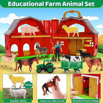 UNO1RC Animals Toys for 1 2 3 Year Old Toddlers Girls Boys, Big Red Barn Farm with Figures Animals Toy and Tractor Toys for Kids, Farm Playset Educational Learning Toys, Ideal Christmas Birthday Gifts