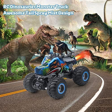 UNO1RC Remote Control Dinosaur Car, 2.4GHz All Terrain Remote Control Monster Truck, RC Dinosaur Monster Car, Spray Music Monster Truck RC Cars for Boys 4-7 8-12 and Girls