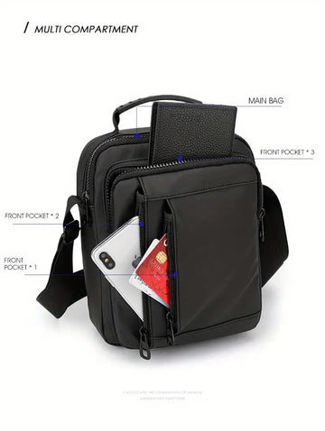 Men's Casual Vertical Small Square Shoulder Bag, Waterproof Nylon Multi-layer Zipper Handbag Crossbody Bag