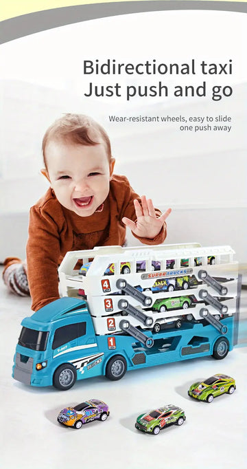 Ejection Mini Slide Alloy Container Car Engineering Car Multi-layer Can Receive Blue Racing Car With 6pcs Small Alloy Car Can Launch Car Inertia Pull-back Baby Birthday Gift Toys