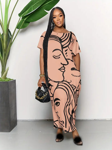 Plus Size Casual Dress, Women's Plus Abstract Figure Print Short Sleeve Round Neck Split Hem Medium Stretch Maxi Dress With Pockets