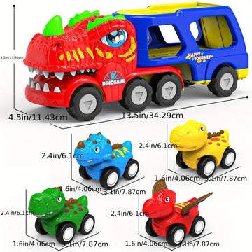 Toys For Boys Girls, 5 In 1 Toy Trucks For Boys With 4 Dinosaur Toy Cars For Toddlers Friction Powered Kids Boy Toys Dinosaur Truck Toys Gifts With Flashing Light & Sound