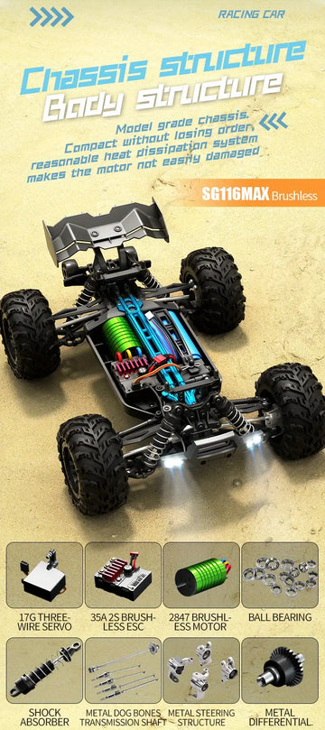 RC 1:16 Scale All Terrain Brushless Fast Cars, 80KM/H High Speed 4WD Off Road Truck With 3 LED Light Mode, 40 Minutes Playing Time, 17G Digital Steering Gear Vehicle Toys Gifts For Kids And Adults