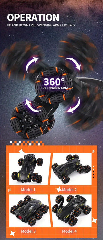 New Six-wheel Swing Arm Stunt Car 360° Rotating Arm 6-wheel Spray Deformation Remote Control Drift Climbing Car Off-road Vehicle Children