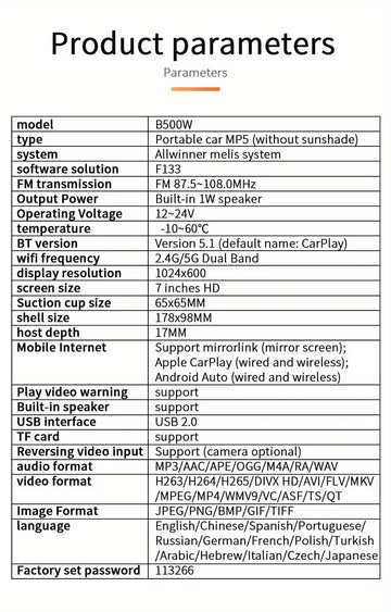 7-inch Wireless Carplay Android Auto/ios Carplay BT Hands-free Multimedia Car Radio Wired Projection Mirror Link Reverse Camera With Remote Control