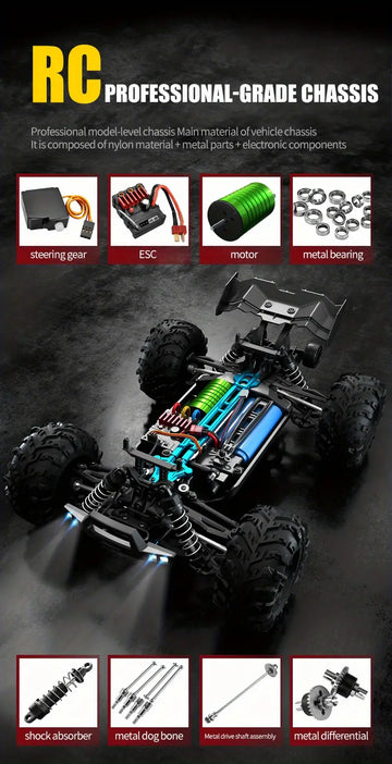 Q117 Full Size Brushless Motor High Speed Vehicle RC 4WD All Terrain 1:16 Off Road Car Racing Model Professional Racing Metal Front And Rear Arms Code Metal Intermediate Transmission Shaft 70KM/H