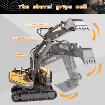 2.4Ghz Remote Control Excavator 2 Batteries Toy Metal Shovel ,11 Channel RC Construction Bulldozer Vehicles Digger Toys Gift With Light And Sound for 6 7 8 9 10 Years Old Kids Boys