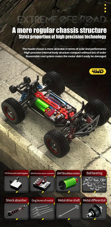 70Km/H High Speed All-terrain Off-road Drift Large Truck, Waterproof Design, Provide 25+Min Playtime, Brushless Powerful Motor, 2 Extra Removable Wear-resistant Spare Tires, Gifts For Boys And Girls