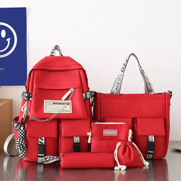 School Bag Female Primary School Students Travel Backpack Men Junior High School High School Students Korean Ins Tide Brand Large Capacity Casual Backpack Five-piece Set