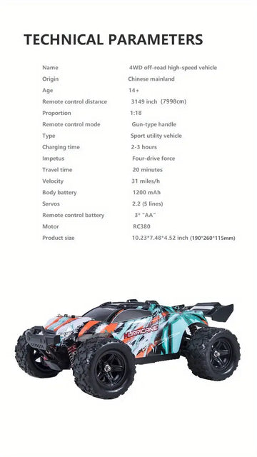 1:18 Scale High Speed 4WD Truck With Powerful Motor, All Terrain Available, 36km/h Racing, Waterproof Design, Strong Motor, Children's Day Gift For Boys And Girls