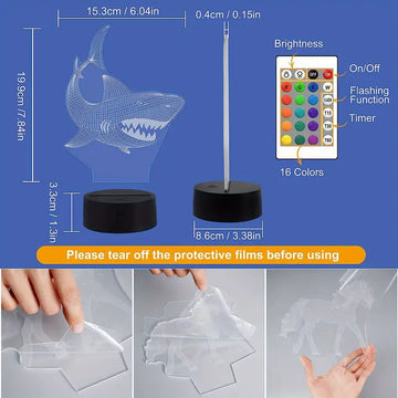 1pc Shark 3D Illusion Night Light Animal Touch Desk Lamp, 16 Colors Optical USB Plug In With Remote Control LED Kids Night Light Holiday Gift Room Decoration