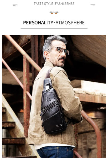 Men's Leather Chest Bag - Fashionable, Wear-Resistant & Large Capacity for Sports & Messaging