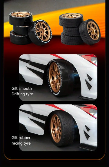 2.4GHZ High-speed Racing Drift Car Toy, Car With A Speed Of 16km/h, Rechargeable Lithium Battery And Two Sets Of Tires (1 Set Of Gilded Smooth Drift Wheels, And 1 Set Of Gilded Rubber Racing Wheels)