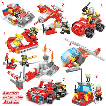 678pcs 8 In 3 City Fire Truck Fighting Building Blocks Set, Warship Deformable Combination Car Model W/8 Fireman Figures, Fire Brigade Themed Small Particles Bricks DIY Toys For Children