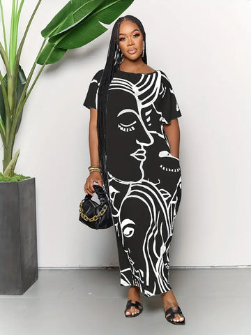 Plus Size Casual Dress, Women's Plus Abstract Figure Print Short Sleeve Round Neck Split Hem Medium Stretch Maxi Dress With Pockets