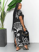Plus Size Casual Dress, Women's Plus Abstract Figure Print Short Sleeve Round Neck Split Hem Medium Stretch Maxi Dress With Pockets