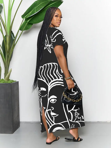 Plus Size Casual Dress, Women's Plus Abstract Figure Print Short Sleeve Round Neck Split Hem Medium Stretch Maxi Dress With Pockets