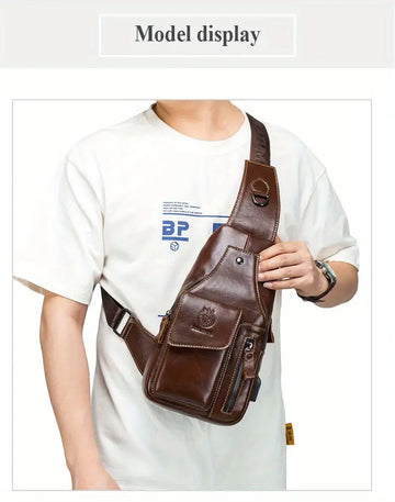 SCHLATUM Men's Vintage Genuine Leather Shoulder Bag Crossbody Bag, Outdoor Sports Travel Crossbody Bag With Earphone Hole