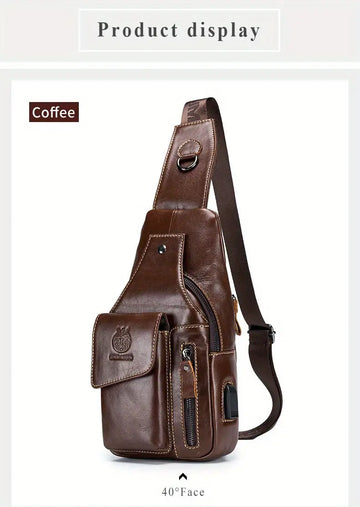 SCHLATUM Men's Vintage Genuine Leather Shoulder Bag Crossbody Bag, Outdoor Sports Travel Crossbody Bag With Earphone Hole