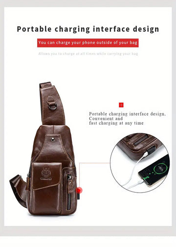 SCHLATUM Men's Vintage Genuine Leather Shoulder Bag Crossbody Bag, Outdoor Sports Travel Crossbody Bag With Earphone Hole