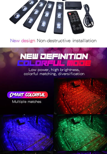 Decorative Lamp LED Car Foot Light Ambient With USB Wireless Remote Music Control RGB Interior Atmosphere Lamp