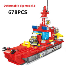 678pcs 8 In 3 City Fire Truck Fighting Building Blocks Set, Warship Deformable Combination Car Model W/8 Fireman Figures, Fire Brigade Themed Small Particles Bricks DIY Toys For Children