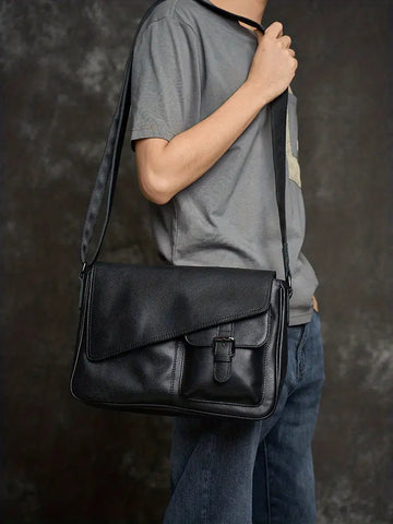Men's Genuine Leather Crossbody Bag Top Layer Cowhide Chest Bag Large Capacity Satchel Multifunction Diagonal Shoulder Bag For Outdoor Sports Travel Work Flip Messenger Bag
