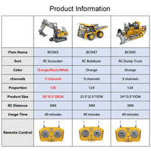 2.4G Remote Control,High Tech 11 Channels RC Excavator Dump Trucks Bulldozer Alloy Plastic Engineering Vehicle Electronic Toys For Boy Gifts