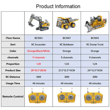 2.4G Remote Control,High Tech 11 Channels RC Excavator Dump Trucks Bulldozer Alloy Plastic Engineering Vehicle Electronic Toys For Boy Gifts