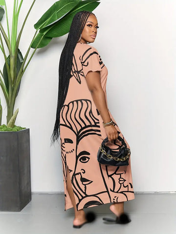Plus Size Casual Dress, Women's Plus Abstract Figure Print Short Sleeve Round Neck Split Hem Medium Stretch Maxi Dress With Pockets