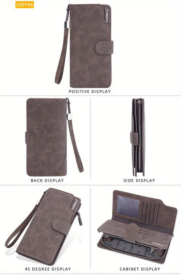Men's Casual Frosted PU Leather Long Wallet With Card Slots, Zipper Buckle Clutch Wallet