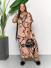 Plus Size Casual Dress, Women's Plus Abstract Figure Print Short Sleeve Round Neck Split Hem Medium Stretch Maxi Dress With Pockets