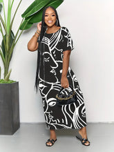 Plus Size Casual Dress, Women's Plus Abstract Figure Print Short Sleeve Round Neck Split Hem Medium Stretch Maxi Dress With Pockets