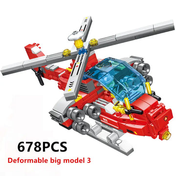 678pcs 8 In 3 City Fire Truck Fighting Building Blocks Set, Warship Deformable Combination Car Model W/8 Fireman Figures, Fire Brigade Themed Small Particles Bricks DIY Toys For Children